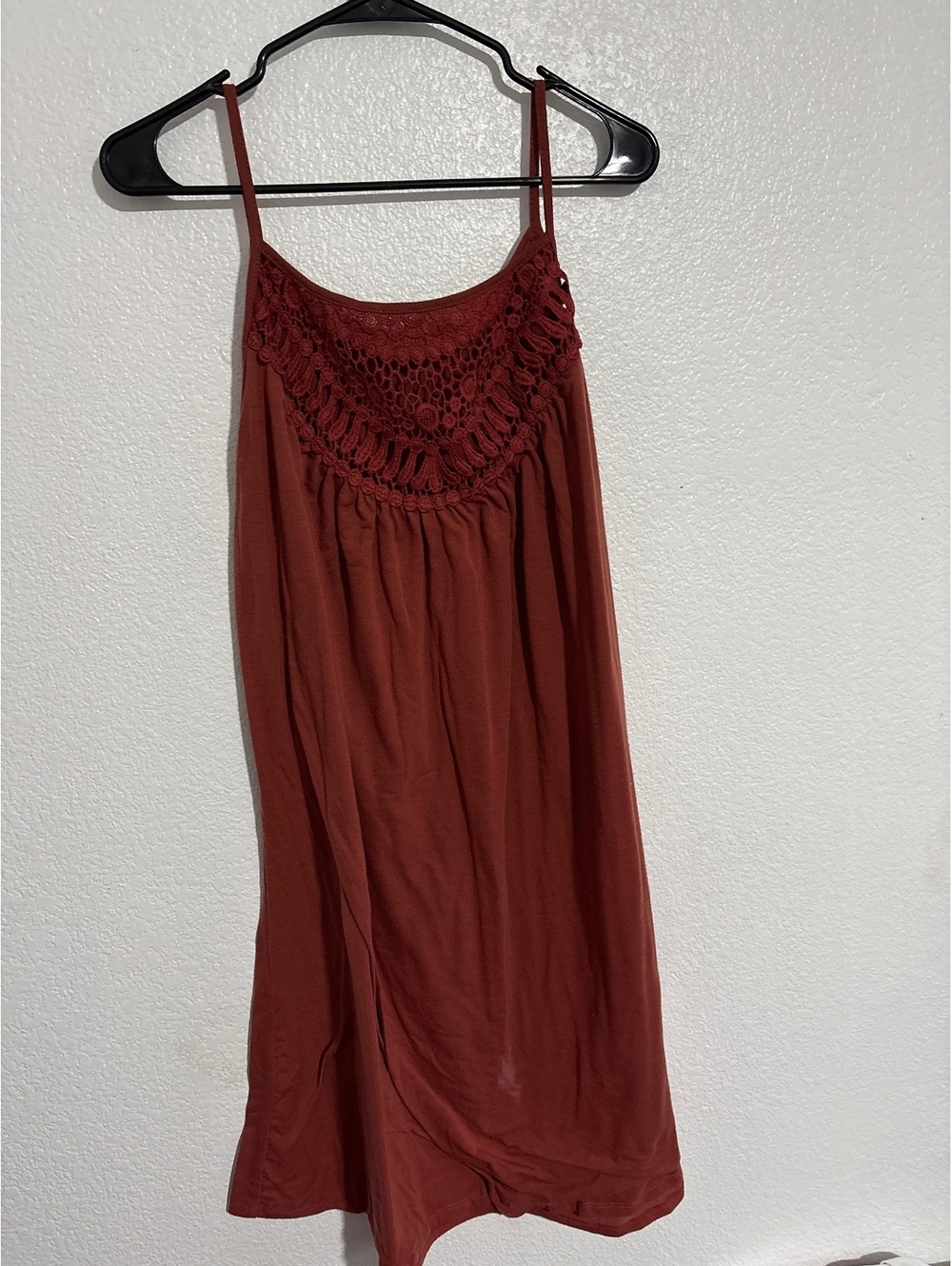 Indigo Rose 3X Rust Red Crochet Detail Spaghetti Strap Dress with Stretch Fabric